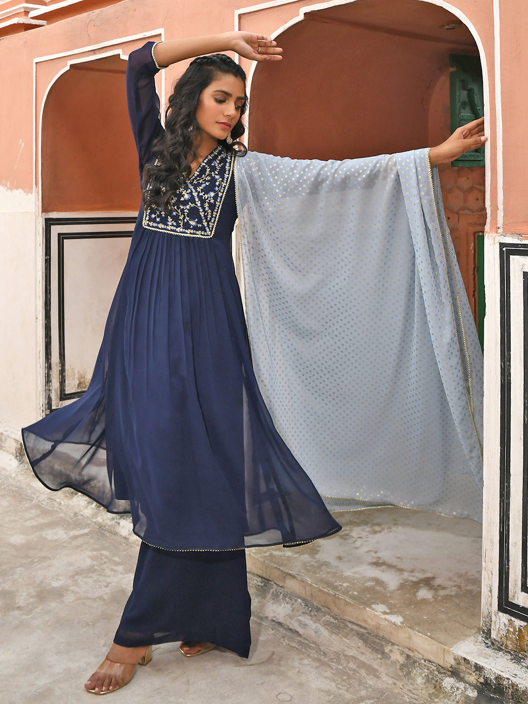 Janasya Women's Navy Blue Georgette Embroidered Kurta With Flared Palazzo And Dupatta | Grocsy