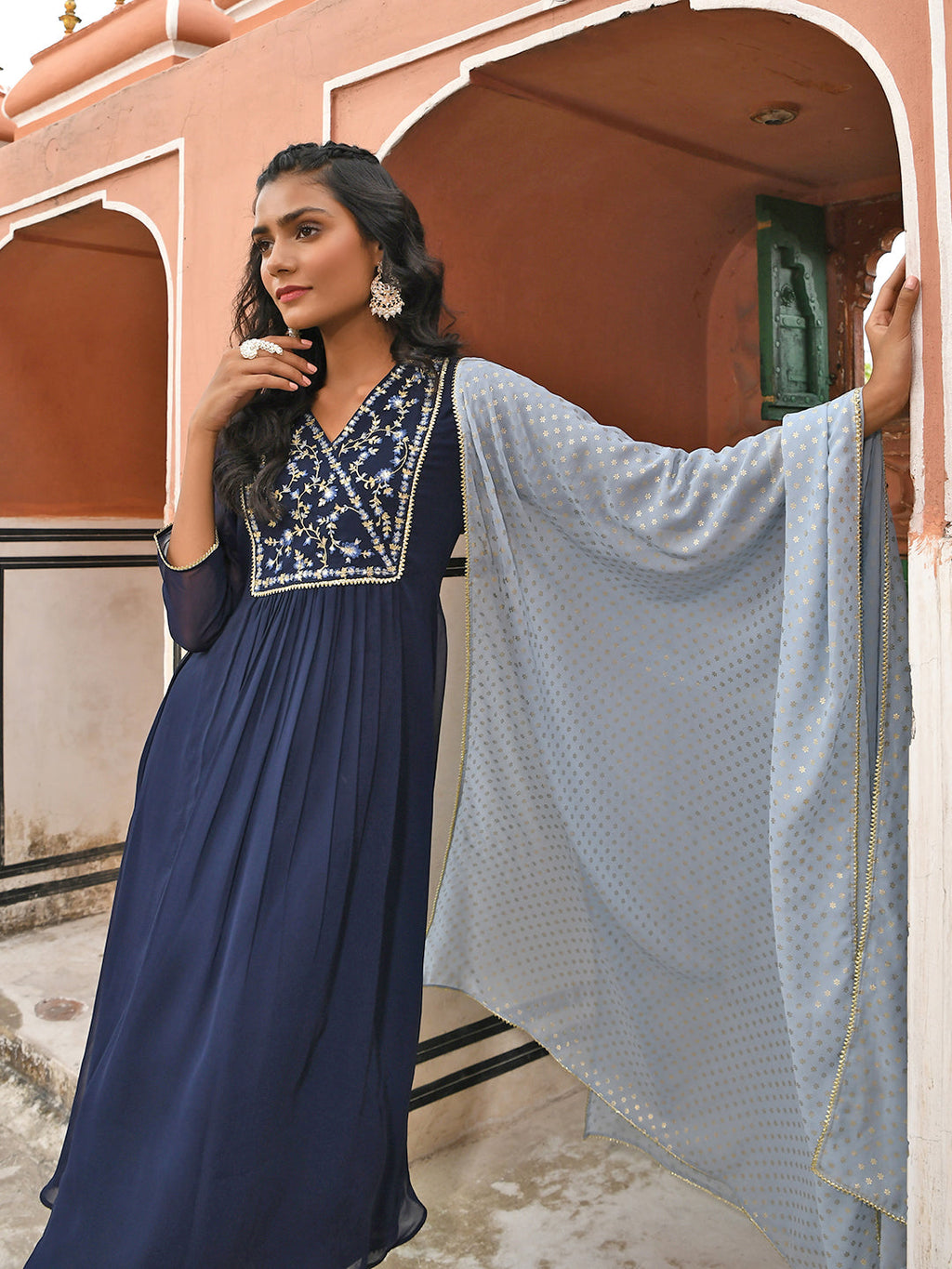 Janasya Women's Navy Blue Georgette Embroidered Kurta With Flared Palazzo And Dupatta | Grocsy