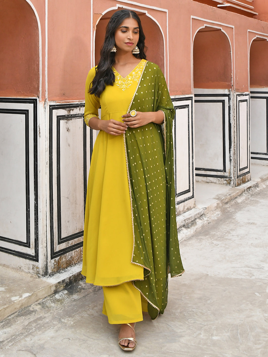 Janasya Women's Yellow Georgette Solid Kurta With Palazzo And Dupatta | Grocsy