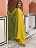 Janasya Women's Yellow Georgette Solid Kurta With Palazzo And Dupatta | Grocsy