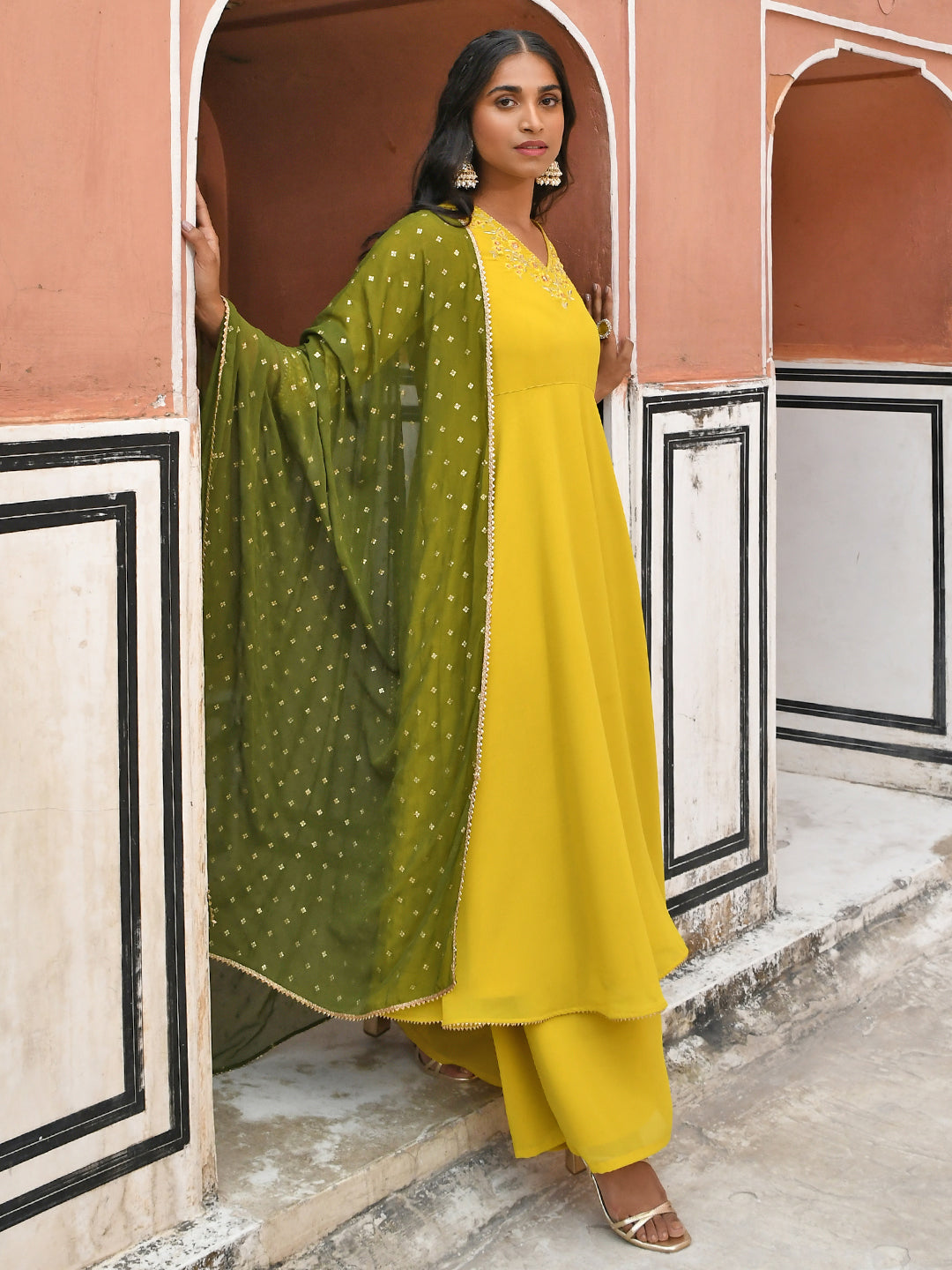 Janasya Women's Yellow Georgette Solid Kurta With Palazzo And Dupatta | Grocsy