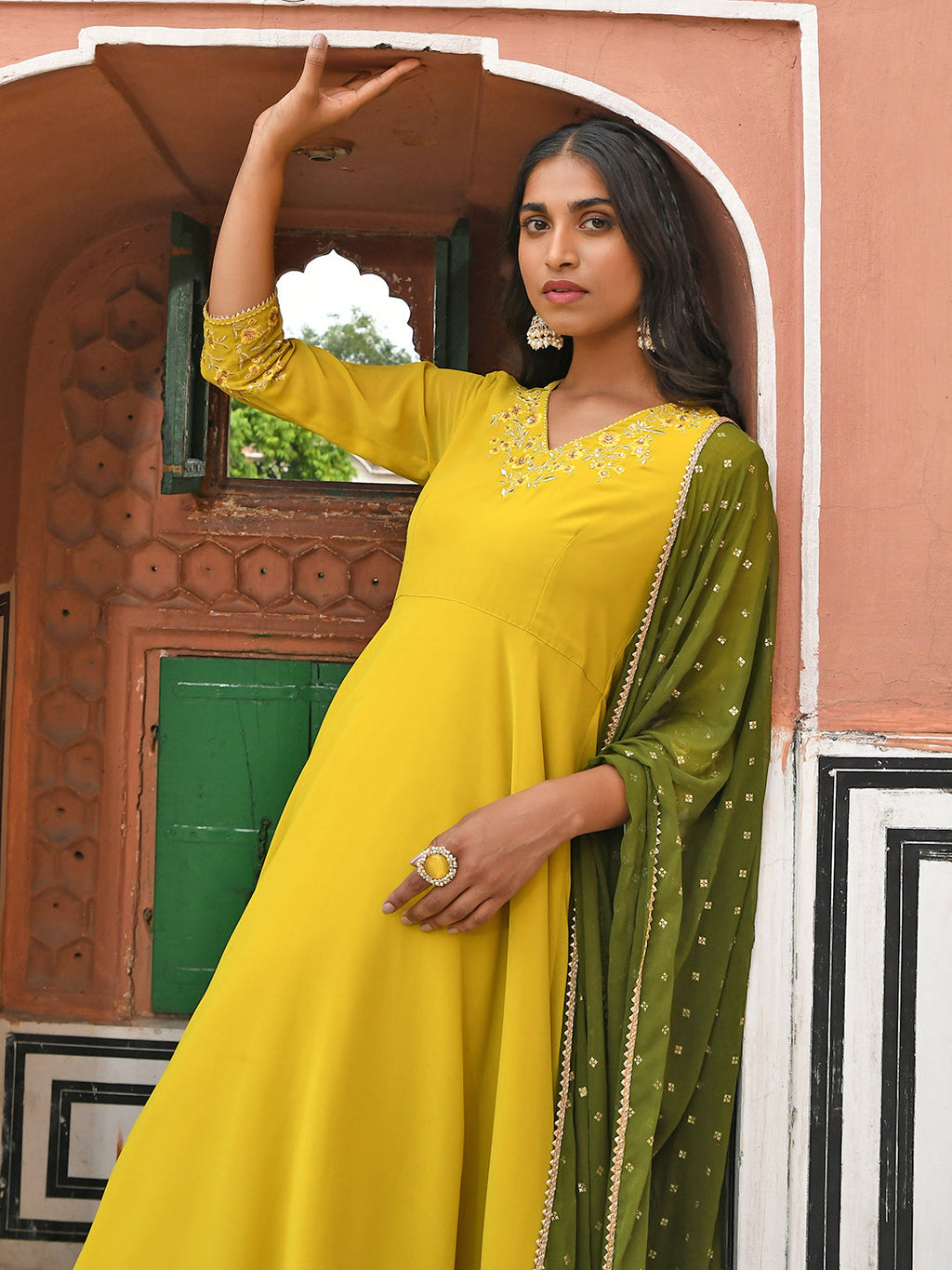 Janasya Women's Yellow Georgette Solid Kurta With Palazzo And Dupatta | Grocsy