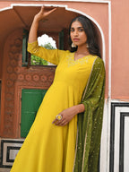 Janasya Women's Yellow Georgette Solid Kurta With Palazzo And Dupatta | Grocsy