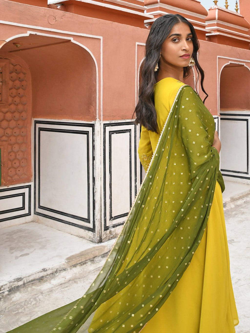 Janasya Women's Yellow Georgette Solid Kurta With Palazzo And Dupatta | Grocsy