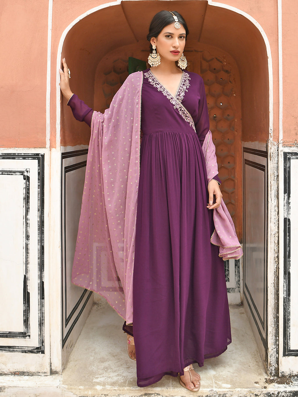 Janasya Women's Wine Georgette Solid Kurta With Dupatta | Grocsy