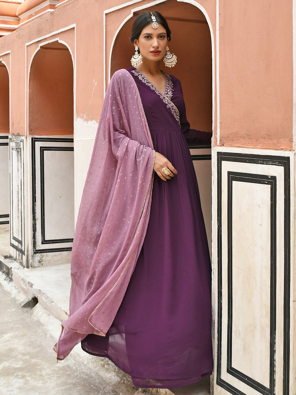 Janasya Women's Wine Georgette Solid Kurta With Dupatta | Grocsy