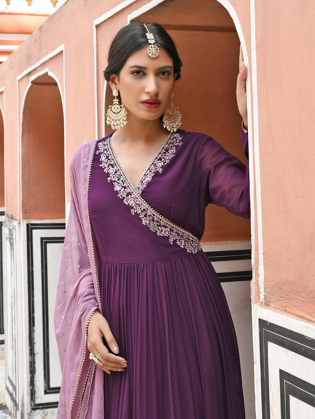 Janasya Women's Wine Georgette Solid Kurta With Dupatta | Grocsy