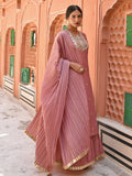 Janasya Women's Old Rose Chinon Embroidered Kurta With Skirt And Dupatta | Grocsy