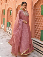 Janasya Women's Old Rose Chinon Embroidered Kurta With Skirt And Dupatta | Grocsy