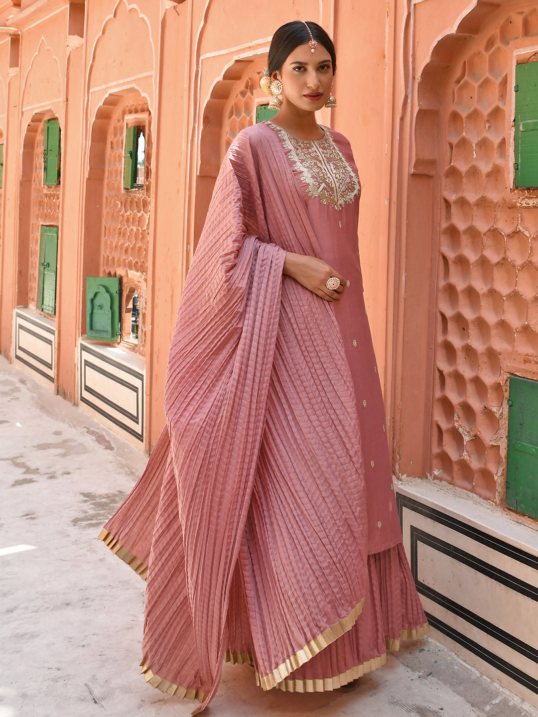 Janasya Women's Old Rose Chinon Embroidered Kurta With Skirt And Dupatta | Grocsy