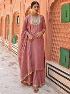 Janasya Women's Old Rose Chinon Embroidered Kurta With Skirt And Dupatta | Grocsy