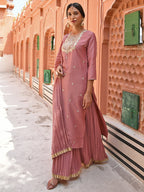 Janasya Women's Old Rose Chinon Embroidered Kurta With Skirt And Dupatta | Grocsy