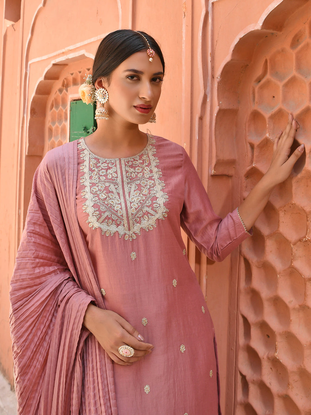 Janasya Women's Old Rose Chinon Embroidered Kurta With Skirt And Dupatta | Grocsy
