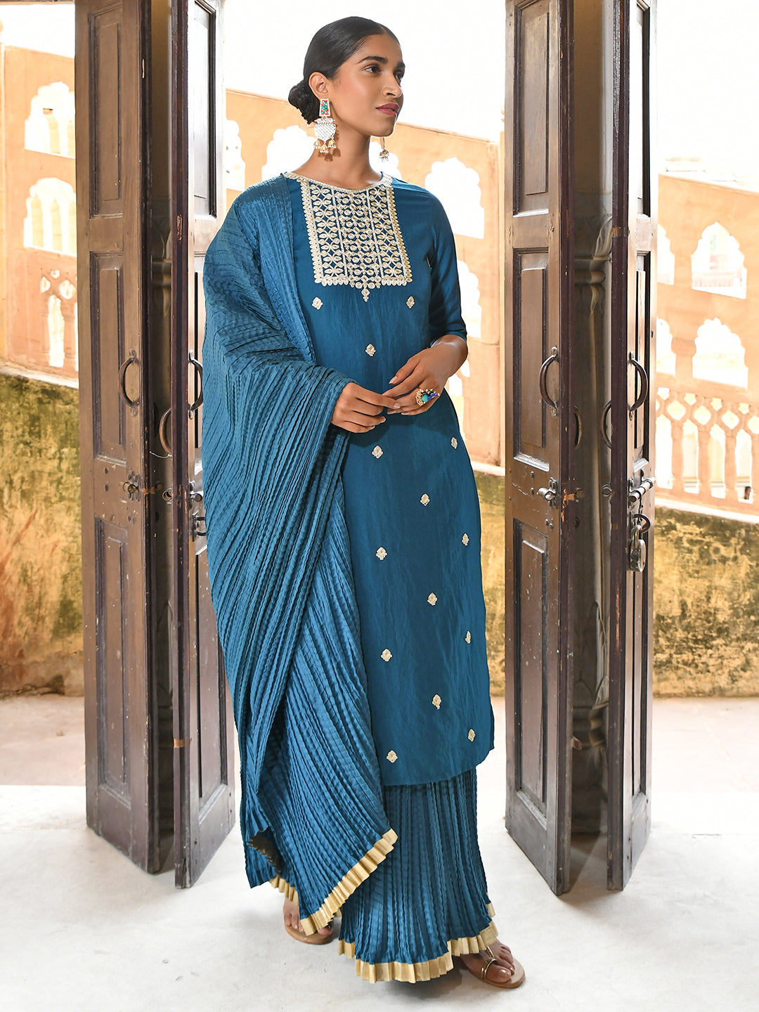 Janasya Women's Teal Blue Chinon Embroidered Kurta With Skirt And Dupatta | Grocsy