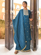 Janasya Women's Teal Blue Chinon Embroidered Kurta With Skirt And Dupatta | Grocsy