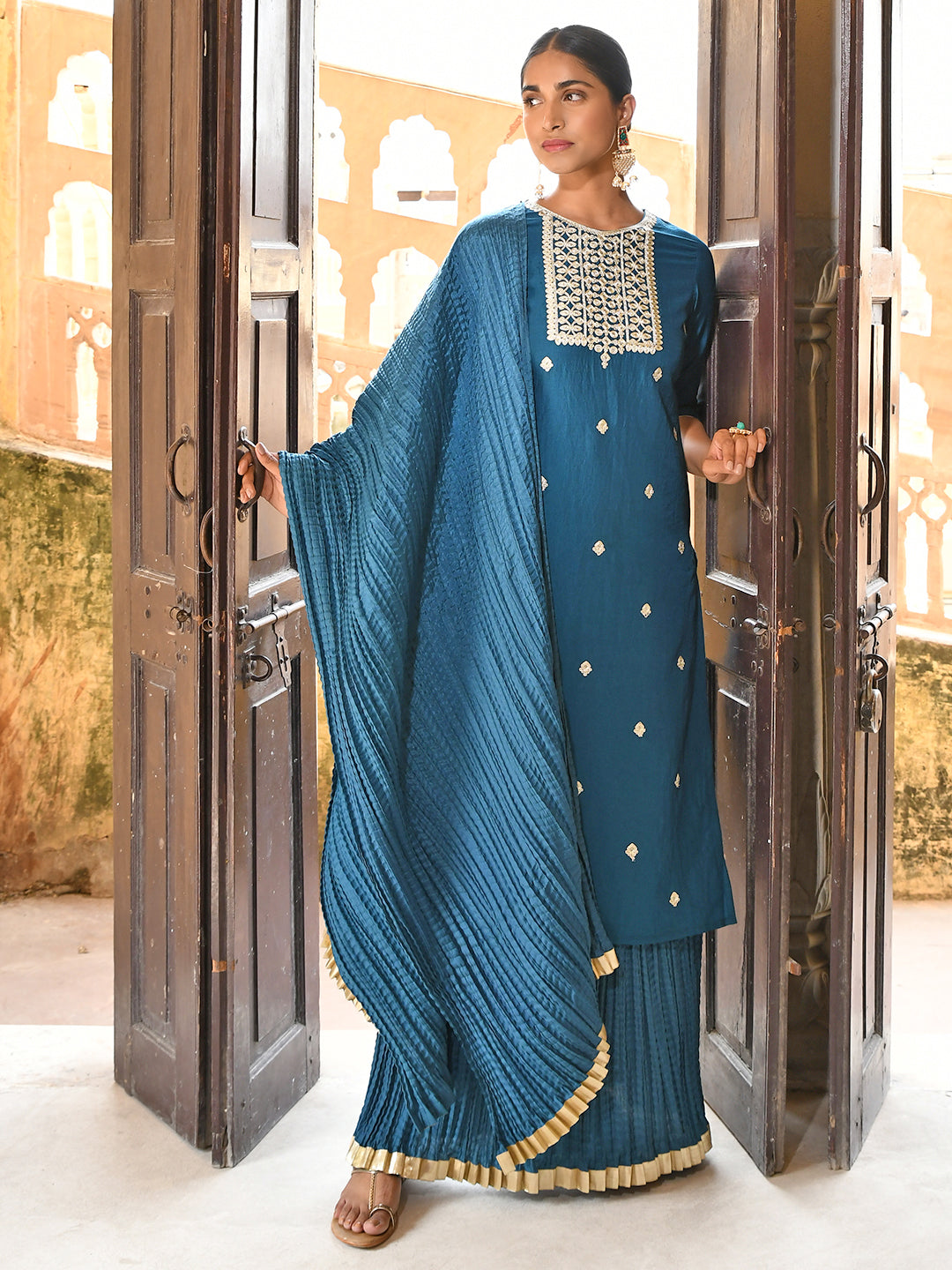 Janasya Women's Teal Blue Chinon Embroidered Kurta With Skirt And Dupatta | Grocsy