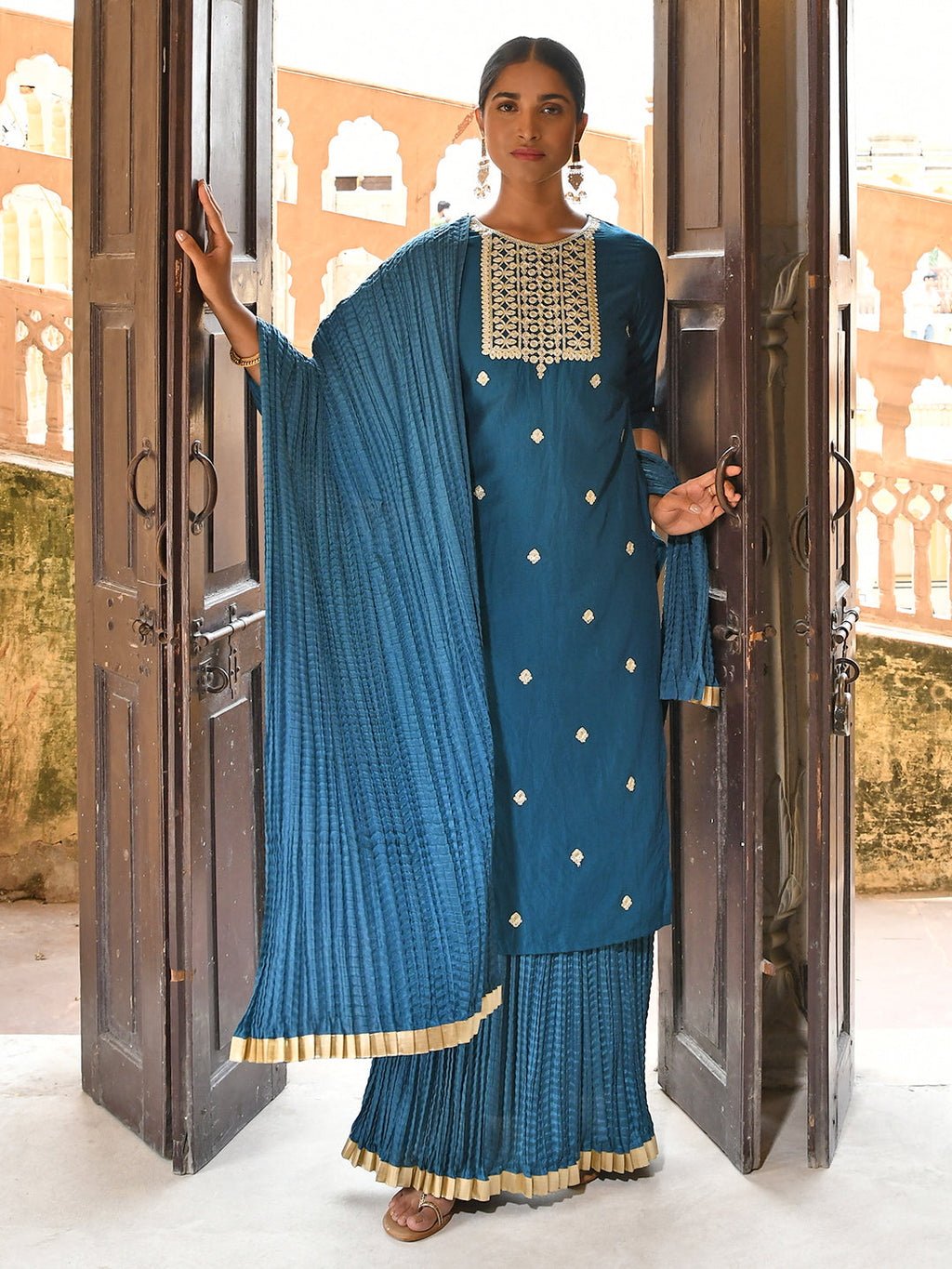 Janasya Women's Teal Blue Chinon Embroidered Kurta With Skirt And Dupatta | Grocsy