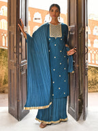 Janasya Women's Teal Blue Chinon Embroidered Kurta With Skirt And Dupatta | Grocsy