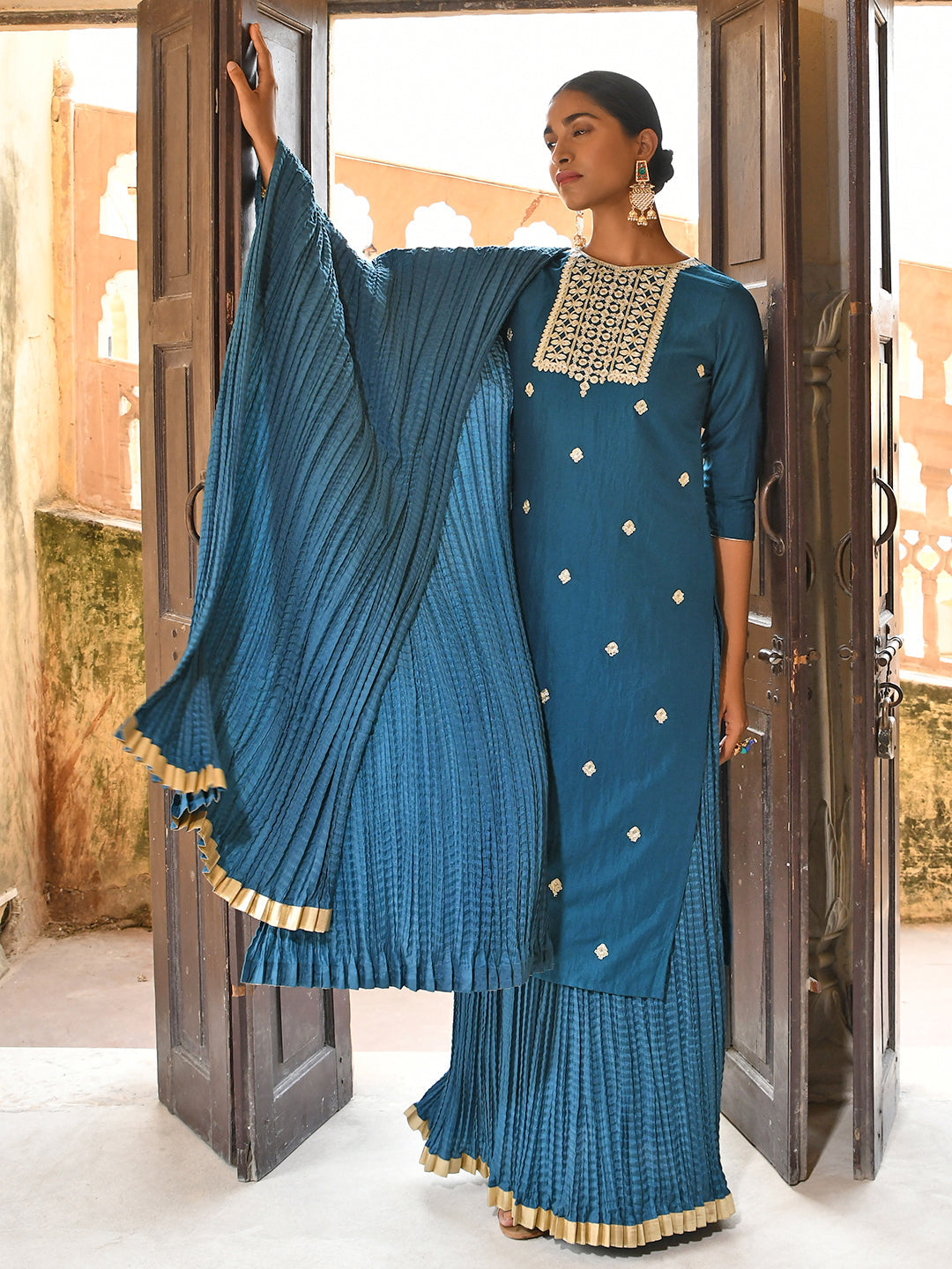 Janasya Women's Teal Blue Chinon Embroidered Kurta With Skirt And Dupatta | Grocsy