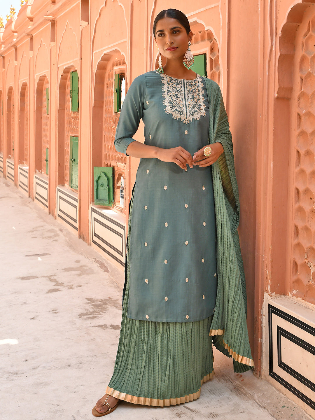 Janasya Women's Green Chinon Embroidered Kurta With Skirt And Dupatta | Grocsy
