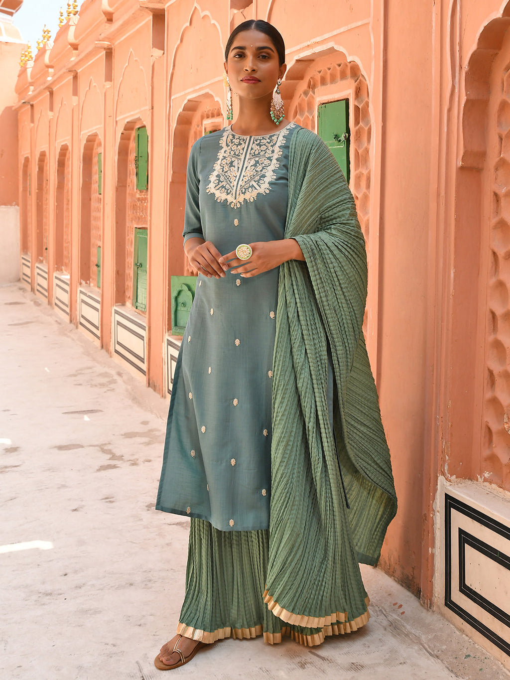 Janasya Women's Green Chinon Embroidered Kurta With Skirt And Dupatta | Grocsy