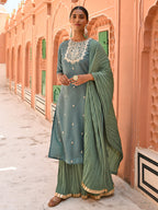 Janasya Women's Green Chinon Embroidered Kurta With Skirt And Dupatta | Grocsy