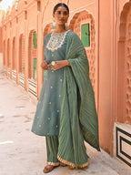 Janasya Women's Green Chinon Embroidered Kurta With Skirt And Dupatta | Grocsy