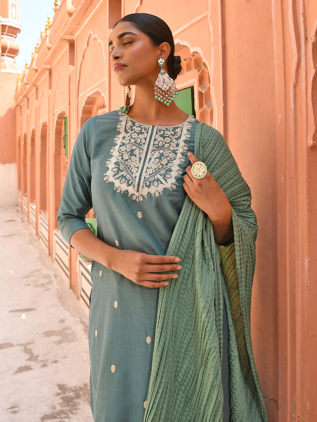Janasya Women's Green Chinon Embroidered Kurta With Skirt And Dupatta | Grocsy