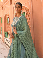 Janasya Women's Green Chinon Embroidered Kurta With Skirt And Dupatta | Grocsy