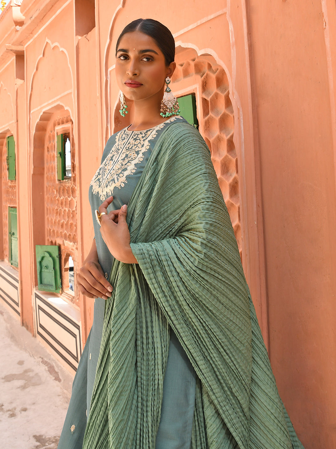 Janasya Women's Green Chinon Embroidered Kurta With Skirt And Dupatta | Grocsy