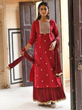 Janasya Women's Maroon Chinon Embroidered Kurta With Skirt And Dupatta | Grocsy