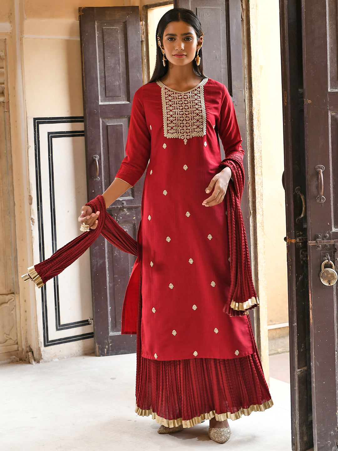 Janasya Women's Maroon Chinon Embroidered Kurta With Skirt And Dupatta | Grocsy