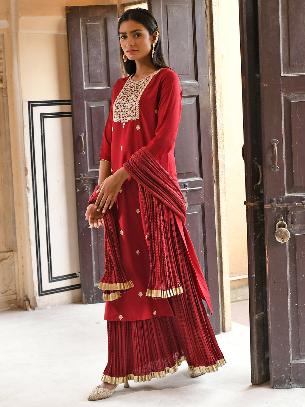 Janasya Women's Maroon Chinon Embroidered Kurta With Skirt And Dupatta | Grocsy