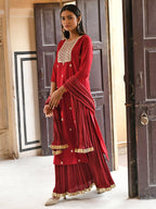 Janasya Women's Maroon Chinon Embroidered Kurta With Skirt And Dupatta | Grocsy