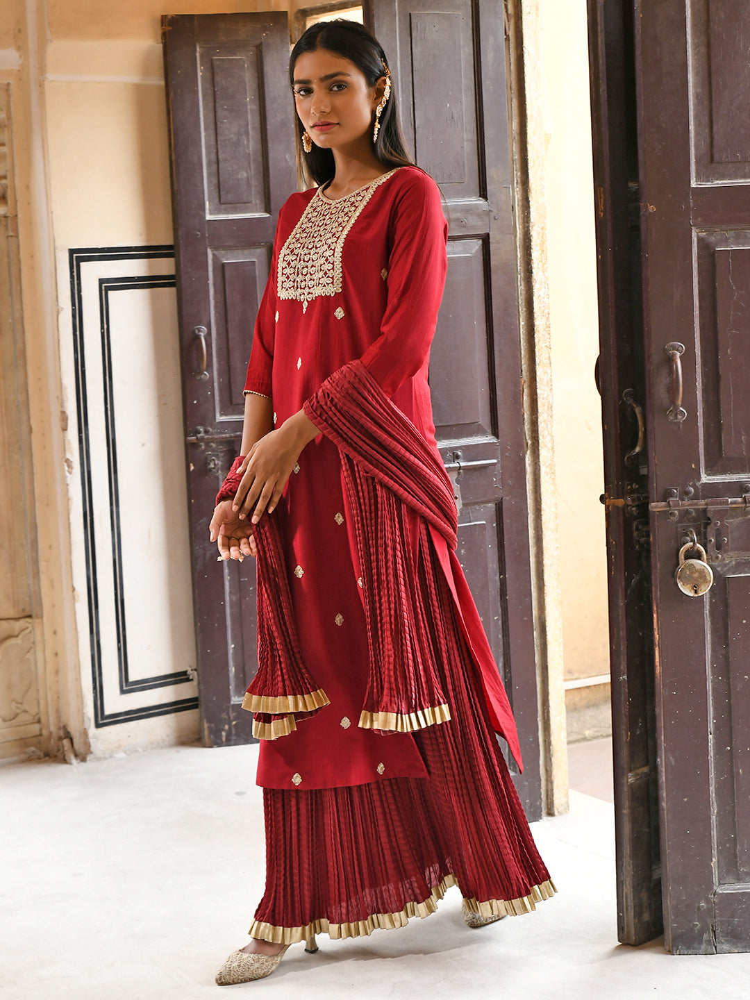 Janasya Women's Maroon Chinon Embroidered Kurta With Skirt And Dupatta | Grocsy