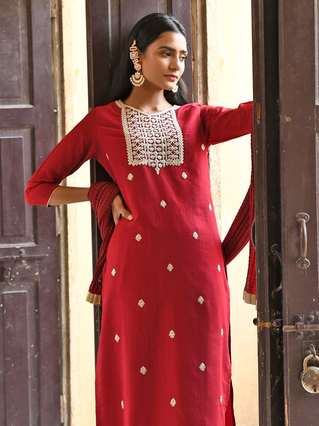 Janasya Women's Maroon Chinon Embroidered Kurta With Skirt And Dupatta | Grocsy