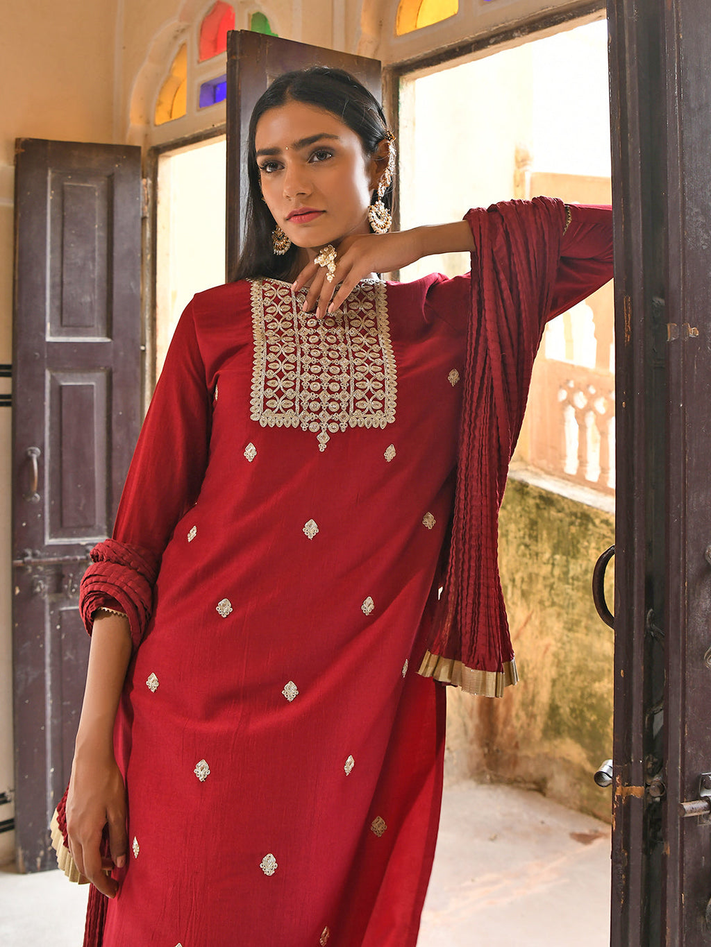 Janasya Women's Maroon Chinon Embroidered Kurta With Skirt And Dupatta | Grocsy