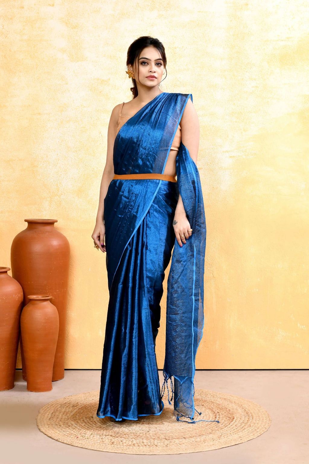 Piyari Fashion Women's Blue Dual Tone Organic Tissue Saree With Blouse Piece | Grocsy