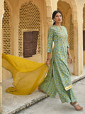 Janasya Women's Light Green Cotton Floral Print Kurta With Flared Palazzo And Dupatta | Grocsy