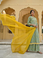 Janasya Women's Light Green Cotton Floral Print Kurta With Flared Palazzo And Dupatta | Grocsy