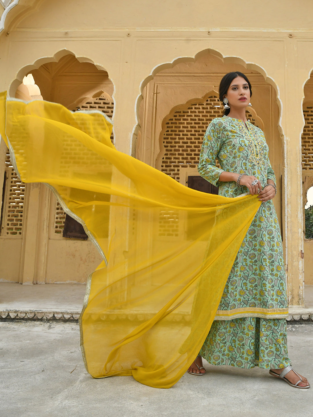 Janasya Women's Light Green Cotton Floral Print Kurta With Flared Palazzo And Dupatta | Grocsy