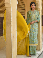 Janasya Women's Light Green Cotton Floral Print Kurta With Flared Palazzo And Dupatta | Grocsy