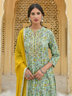 Janasya Women's Light Green Cotton Floral Print Kurta With Flared Palazzo And Dupatta | Grocsy