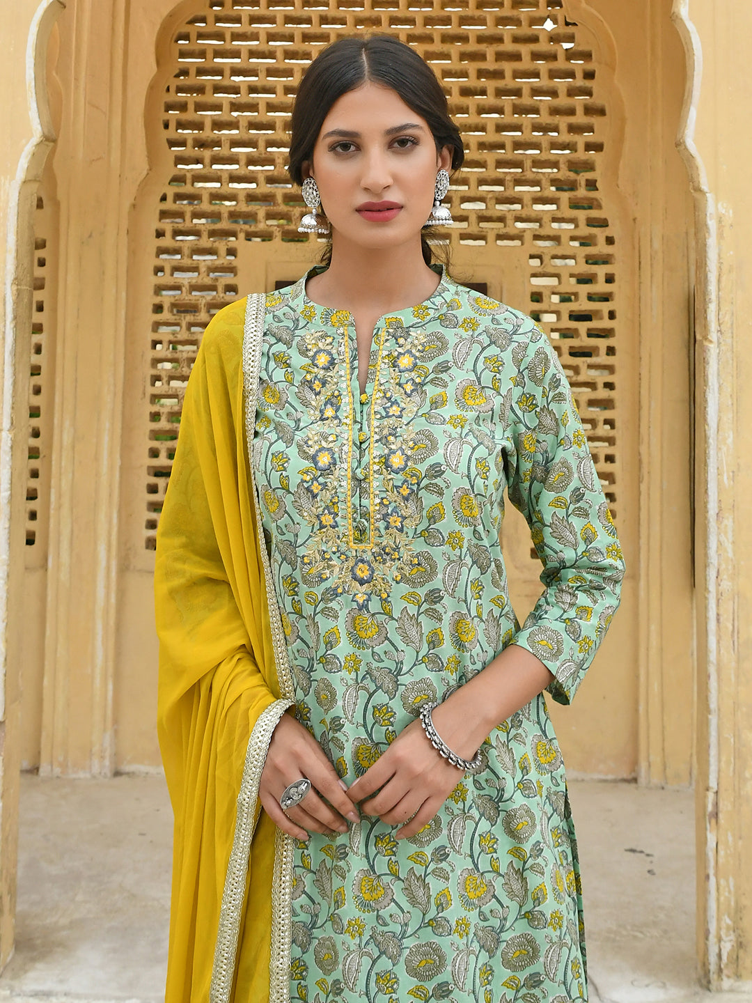Janasya Women's Light Green Cotton Floral Print Kurta With Flared Palazzo And Dupatta | Grocsy