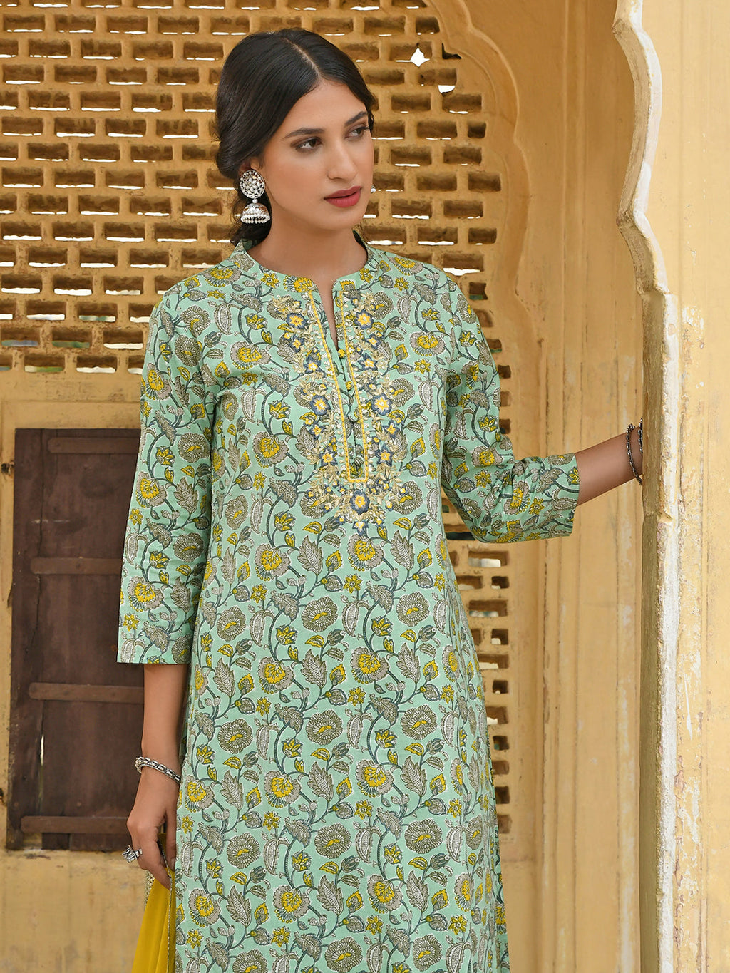Janasya Women's Light Green Cotton Floral Print Kurta With Flared Palazzo And Dupatta | Grocsy