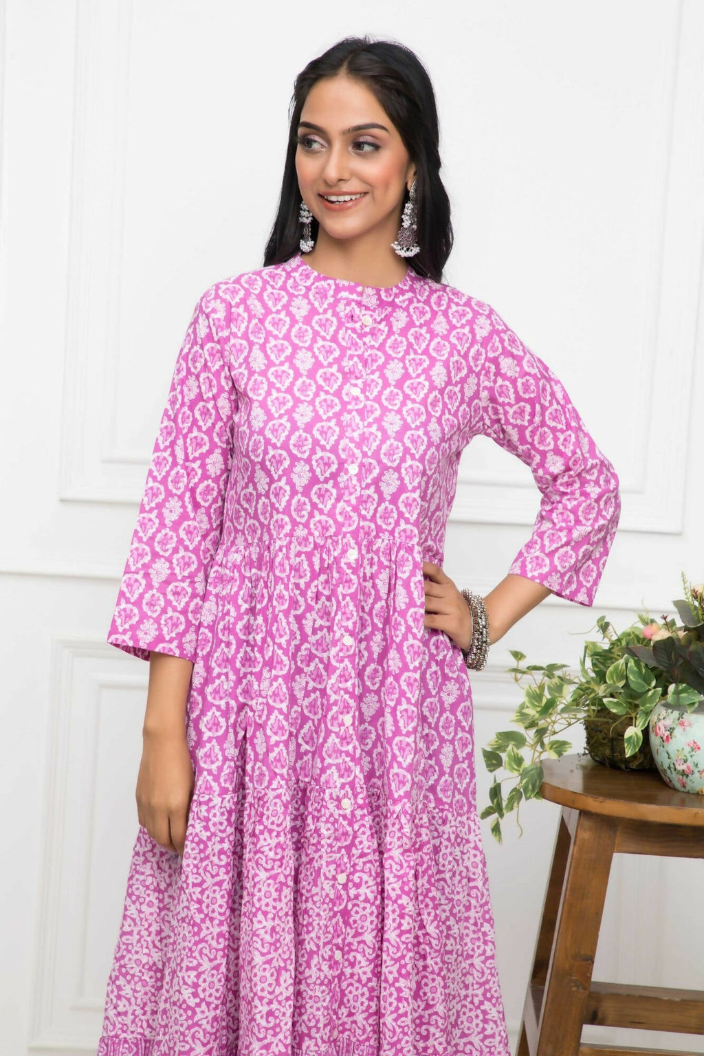 Myshka Women Pink Floral Cotton A-Line Mandarin Collar Long Dress | Grocsy