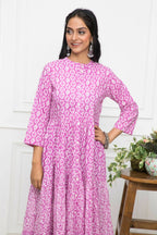 Myshka Women Pink Floral Cotton A-Line Mandarin Collar Long Dress | Grocsy