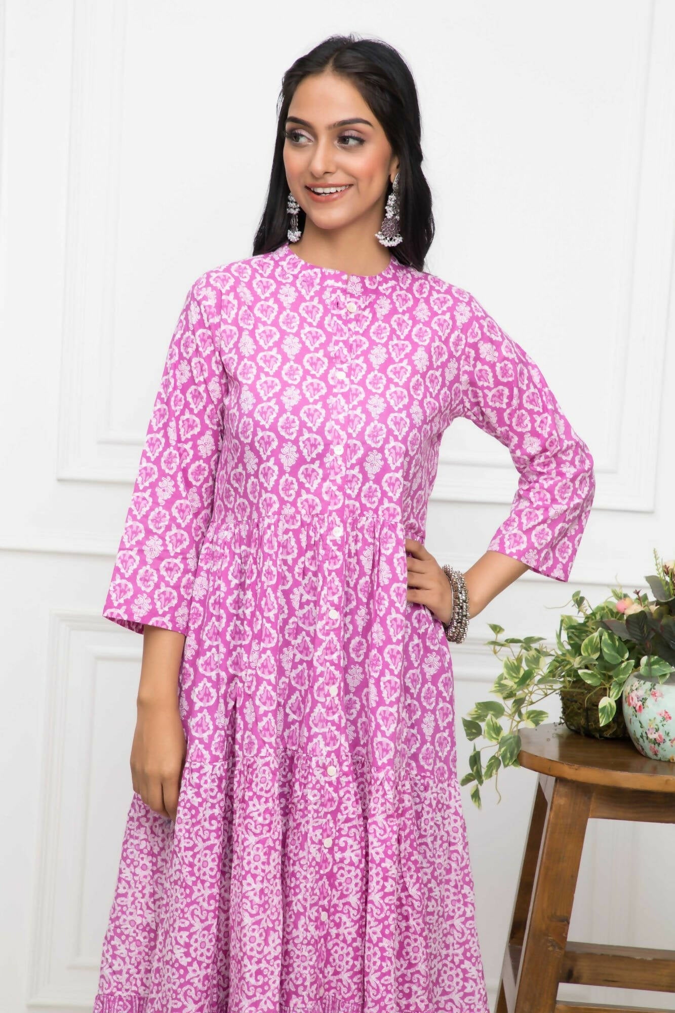 Myshka Women Pink Floral Cotton A-Line Mandarin Collar Long Dress | Grocsy
