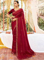 Maroon Georgette Foil Printed Saree with Unstitched Blouse Piece - Avika | Grocsy
