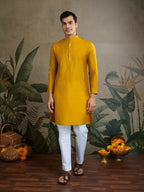 Vastranavya Yellow Exclusive Festival Viscose Silk Thread & Swarovski Embroidered Work Mens Wear Kurta & Koti | Grocsy